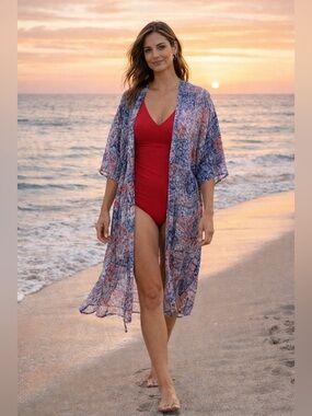 BCBG Max Azria Kimono Duster Boho Lightweight Cardigan Beach Cover Up Blue Red